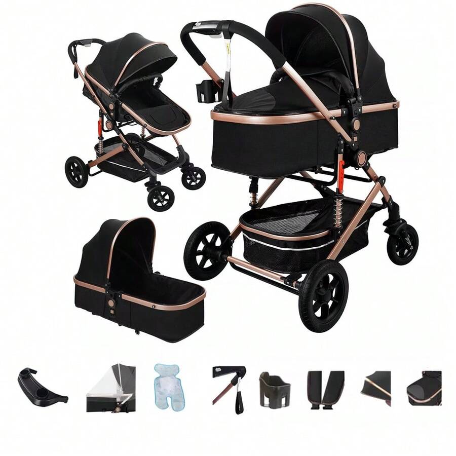 Baby Stroller With Baby Carrier, Baby Stroller With Walking Stick - Black - View 1