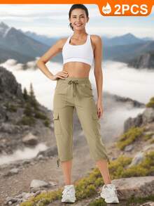 2 Piece Set Women's Cargo Capris Hiking Pants Lightweight Quick Dry Outdoor Athletic Travel Casual Loose Comfy Cute Pockets - 黑色-落葉綠 - 查看 4