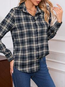 Women's Long Sleeve Plaid Shirt, Turndown Collar, Single-Breasted, Daily Commute Blouse, Thin Checkered Printed Ladies Tops, 2025 New Style - Navy Blue - View 5