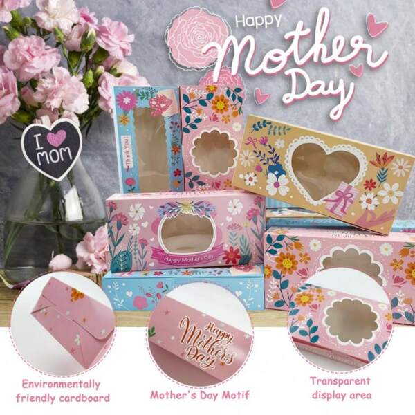 4/8/12PCS Transparent Window Gift Boxes, Baking Display Boxes, Jewelry Gift Packaging Boxes, Mother's Day Party Themed, Love You Mom Holiday Creative Boxes