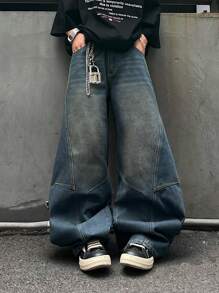 1 pieza Jeans rectos con diseño de parches y lavado vintage desgastado de ajuste holgado para hombre (El producto no incluye cinturón ni accesorios), estilo emo