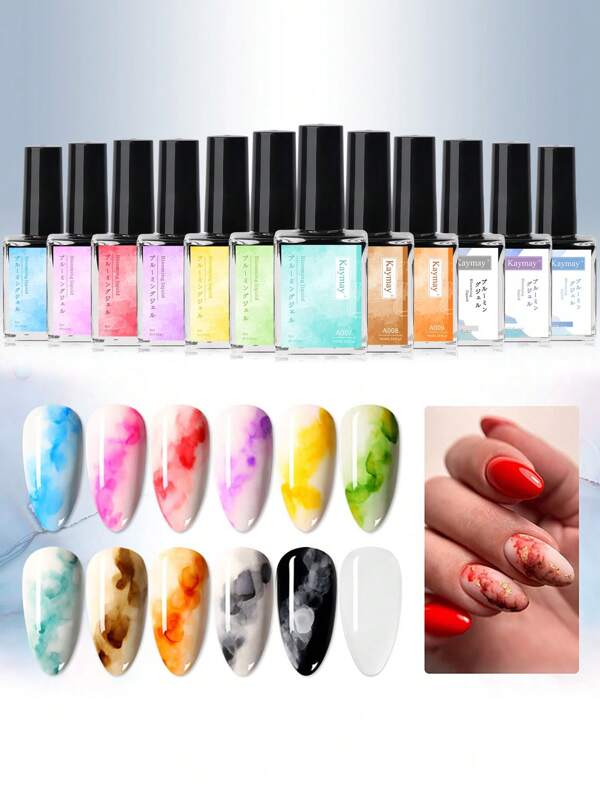 Kaymay Blooming Gel 12 Pcs 15ml ABS Material Fast Drying, Long-Lasting, Easy Application Artistic Blooming Effect. It Effortlessly Achieves A Watercolor-Like Blending Effect, Bringing A Gentle And Artistic Color Transition To The Nails.