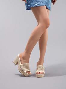 绳带坡跟厚底凉鞋，系带露趾，夏季度假休闲高跟白色日常时尚轻便舒适女鞋 - 白色 - 查看 8