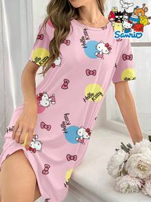 Sanrio Vestido de dormir casual de verano para mujer con cuello redondo y manga corta, estampado con Hello Kitty en color rosa