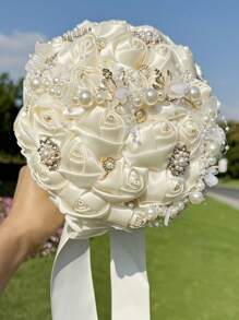 1PC Wedding Bouquet For Bride Romantic Wedding Rose Bride 's BouquetArtifical Rose Posy With Satin Jeweled Bouquet Bridesmaid Holding Flowers Wedding Bouquets