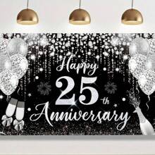 1 pièce Décorations pour 25e anniversaire de mariage, Bannière noire et argentée Joyeux 25e anniversaire 180 cm x 110 cm/70,8 po x 43,3 po, Toile de fond pour photographie de 25e anniversaire, Convient pour fournitures de fête du 25e anniversaire de mariage argent