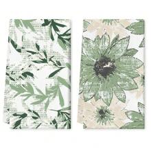 2/4pcs Green Floral Leaves Boho Style Kitchen Towel, 16x24 Inch, Seasonal Spring/Summer Decorative Hand Towel