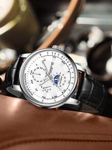 GUANQIN 1pc GUANQIN Luminous Watch With Weekly Month Calendar Multi-Functional Moon Phase Dial 24 Hour Display Wear-Resistant Comfortable PU Leather Strap Fashion Business Luxury Sporty Classic Simple Casual Mechanical Style Men Automatic Quartz Watch Suitable For Father's Day,Festivals,Dating,Business, Daily,Gifts