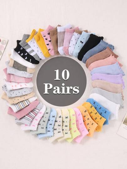 Breathable Kids Ankle Socks 10-Pack - Assorted Candy Color Striped Boat Socks With Bows For School, Playdates & Summer Camp | Ultra-Soft For Daily Wear Children's Boat Socks Teen Grew Socks