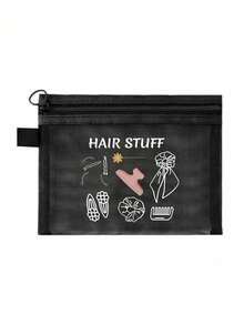Red Mesh Cosmetic Bag With Hair Accessory Pattern, Multifunctional Makeup Pouch For Storing Hair Clips, Headbands, Compact Portable Makeup Bag, Skincare Organizer, Travel Essential, Dorm Supplies, Bridal Gift, Holiday Necessity, Vacation Travel Accessory Make Up Bag - Black - View 7