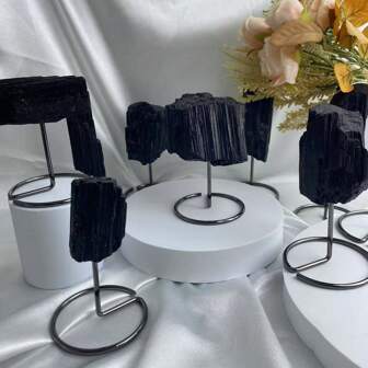 Natural Black Tourmaline Mineral Specimen With Stand, Tourmaline Crystal, Quartz Crystal Wand, Rough Crystal Stone, Crystal Home Decor, Crystal Purification, Crystal Healing, Unisex Accessory, Spiritual Balance, Crystal Gift, 1pc; Random Delivery