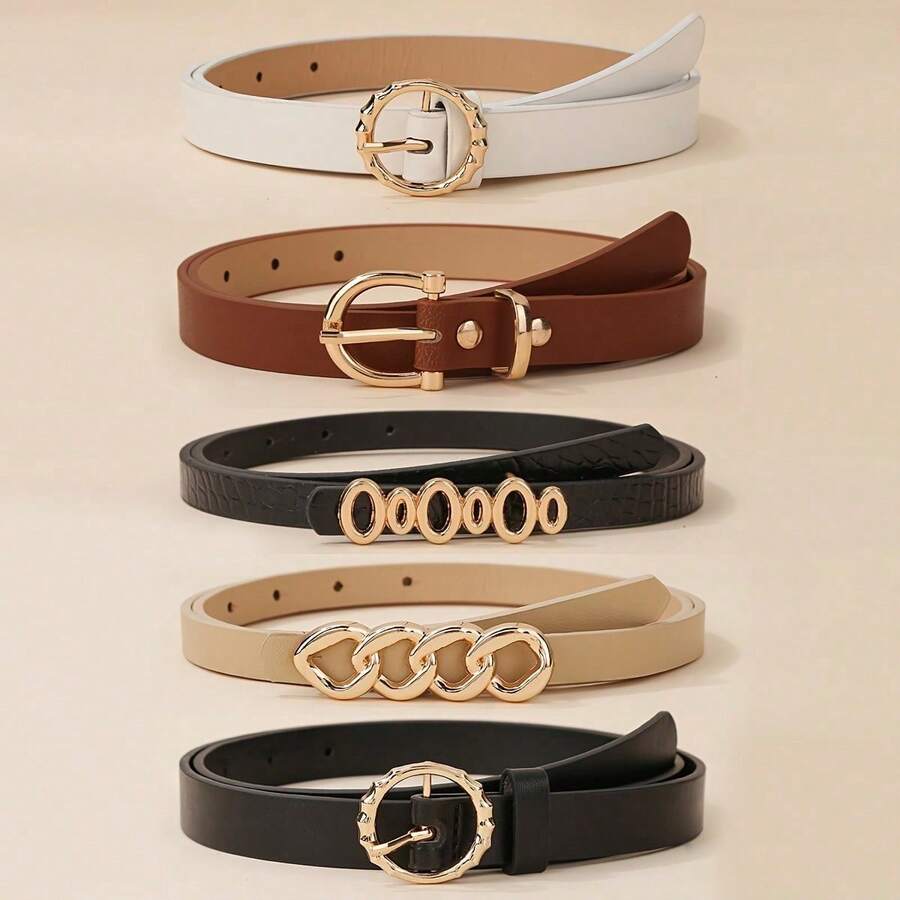 5pcs Chain Circle Buckle Black & White Multifunctional Denim Belt, Suitable For Daily Life