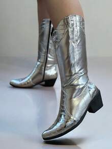 ALINE BORGES Texana Croco Western Country Boot LOW Heel High Shaft Long Comfortable Current Fashion - 銀色 - 查看 1