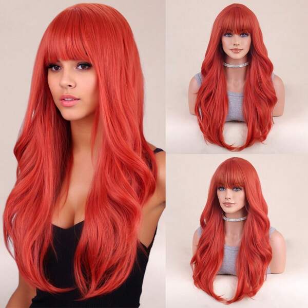 26inch Long Middle Part Wig With Bang Synthetic Fiber Natural Synthetic Wig For Daily Use Party Dating
