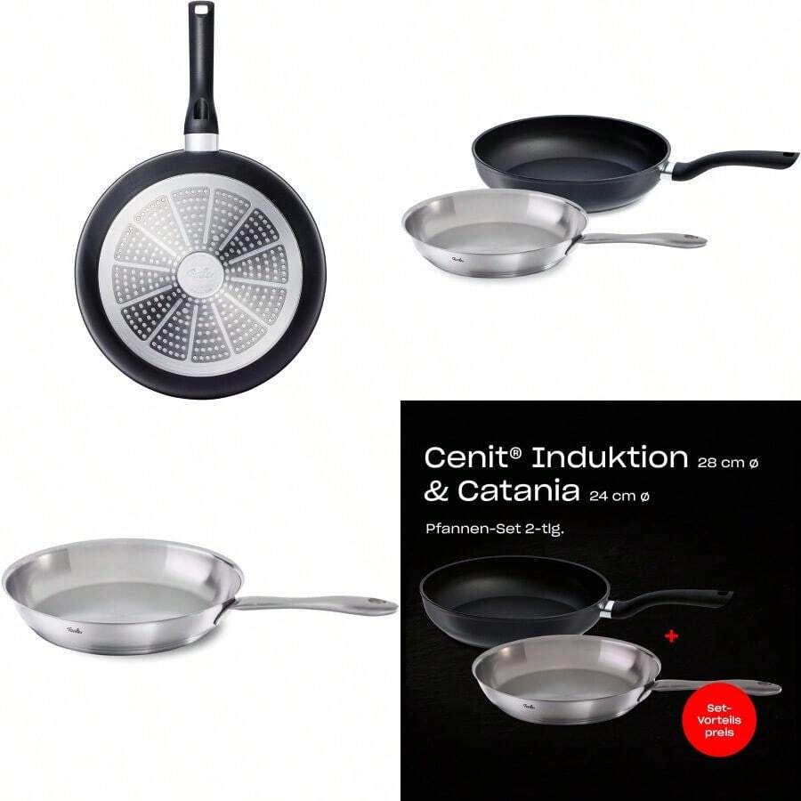 2-piece Fissler Cookware Set - Catania Uncoated Stainless Steel Pan Ø 24cm and Cenit Coated Aluminum Pan (Ø 28cm) - Induction Compatible Black - Schwarz1 - Übersicht 1