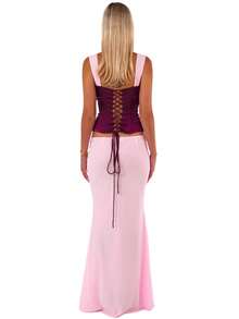 Women Y2k Two Piece Maxi Skirt Sets Crop Tank Tops And Bodycon Skirt Elegant Party Outfit Low Cut Ruched Bust Sleeveless Backless Slim Fit Vest Shirt Mermaid Long Skirt Cocktail Party 2 Piece Going Out Outfit Clubwear Aesthetic Clothes - 粉色 - 查看 3