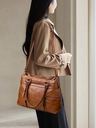 1pc Women's Solid Retro Brown Tote Bag, Large Capacity Multi-Zipper Pockets Handbag, PU Dual Handle Portable Outdoor Casual Business Versatile Shoulder Bag, Stitching Anti-Theft Crossbody Bag