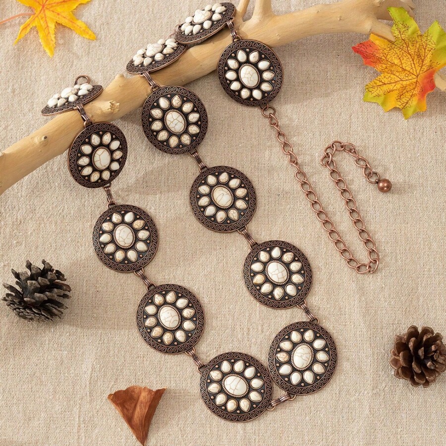 1pc Metallic Handmade Turquoise Inlay Waist Chain Belt For Women, Alloy - Water Drop Type - View 1