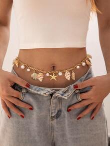 imoli 1pc Polyester Bohemian Style Acrylic Starfish Beaded Waist Chain, Women's Holiday Gift (Handmade Chain, Bead Quantity Varies, Starfish Size & Color Varies, Order Not Fixed) - Beige - View 11