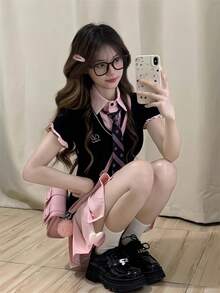 1pc Retro School Style Cosplay Outfit, Contrast Color 2 In 1 Long Sleeve Dress + Tie Student Uniform Set, Suitable For Graduation Photos, Bar/Club Parties, Dates, Valentine's Day - Black - View 7