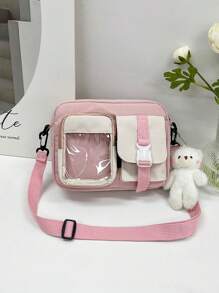 Two Tone Release Buckle Decor Square Bag With Bag Charm School Bag For Graduate, Teen Girls, Freshman, Sophomore, Junior & Senior In College, University & High School, Perfect For Outdoors ,Travel & Back To School