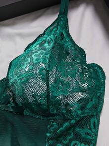 Women Plus Size Lace Patchwork Strap Lingerie Dress Set, Sheer Erotic Design - Green - View 4