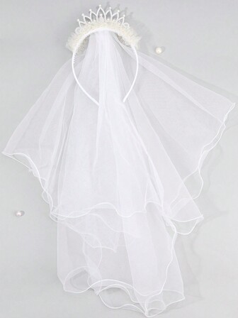 1 件装白色薄纱头带，适合女孩，大尾巴面纱发带，公主皇冠头饰，优雅婚礼发箍，花女童头饰，纯色发带，儿童发饰