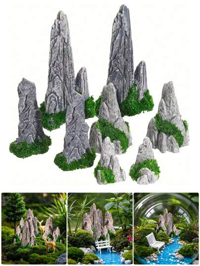 Set di decorazione da giardino zen in miniatura a forma di roccia grigia in resina, per decorazioni di bonsai e paesaggi, accessori per giardini fatati e microterrari, decorazioni per giardini botanici e sotto campane di vetro, falsi sassi di montagna, decorazioni per vasi con fiori estivi