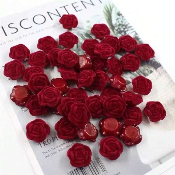Flocked Retro Red Flocked Rose Flower DIY Accessories, Half-Finished Gift Bag Handwork Decoration Flower Beads With Hole