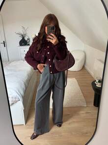 Women's Fashion Casual Back-To-School Autumn/Winter Wear With Solid Color Lapels, Long Sleeves, Pockets, Buttons, Single-Breasted Jackets Spring - Burgundy - View 6