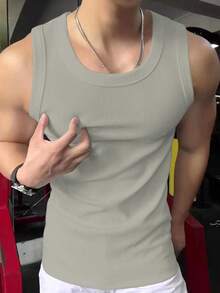 Men's Casual Ribbed Texture Basic White Fitted Elastic Tank Top - Grey - View 2