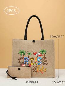 2 Pieces Linen Letter Print Travel Tote Bag Set - Khaki - View 6