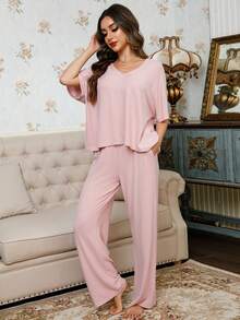 2pcs/Set Minimalist Pink Loose Pajama Set, Spring & Autumn - Pink - View 3