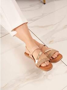 Sandales plates élégantes à brides croissants avec strass brillants et boucle de fermentation - Doré - Voir 2