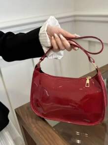 Bolsa Feminina Baguete Meia Lua de Ombro Brilhante com Fecho de Zíper