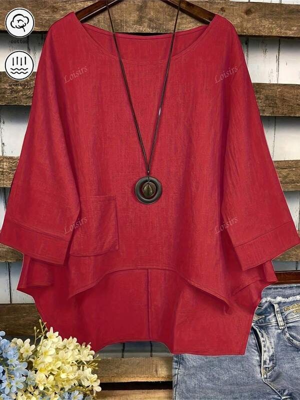 Women Solid Color Pocket Asymmetrical Shirt