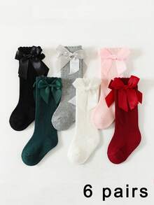6 Pairs Baby Girl Over The Knee Socks, Long Leg Ribbed Stockings, Bowknot Accent, Solid Color, For Spring Autumn Wear, Ballet/Formal Dance - Multicolor - View 13