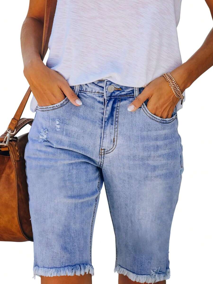 Necooer Women Jean Shorts Ripped Casual Summer Mid Waist Stretchy Five Points Denim Jean Shorts - Xanh nhạt-2 - Xem 1