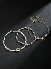 3-Piece Summer Beach Style Alloy Starfish Shell Stacked Beads Glass Material Women's Anklet Set