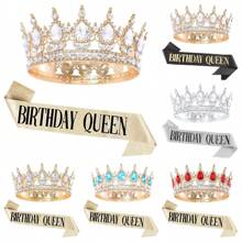 Kit de fiesta de cumpleaños con rhinestones, corona de oro tipo tiara, faja de "Reina de Cumpleaños" para mujeres, accesorios para el cabello de feliz cumpleaños, regalos para baile de promoción, decoraciones
