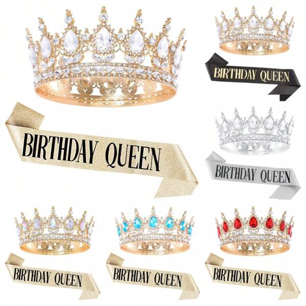 Kit de festa de aniversário com strass, tiara dourada, coroa, faixa de rainha de aniversário para mulheres, acessórios para cabelo de feliz aniversário, presentes de baile, decorações
