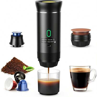 Máquina de café expresso elétrica portátil 3 em 1, cafeteira para camping, cafeteira para carro com função de aquecimento automático, carregamento USB-C, adequada para café moído e cápsulas, ideal para trailers, trilhas e escritórios (display LED e reservatório de água de 80 ml)