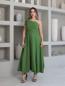 Helena Luxury Dune Linen Midi Dress With Bow On The Sleeve - Olive Green - View 2