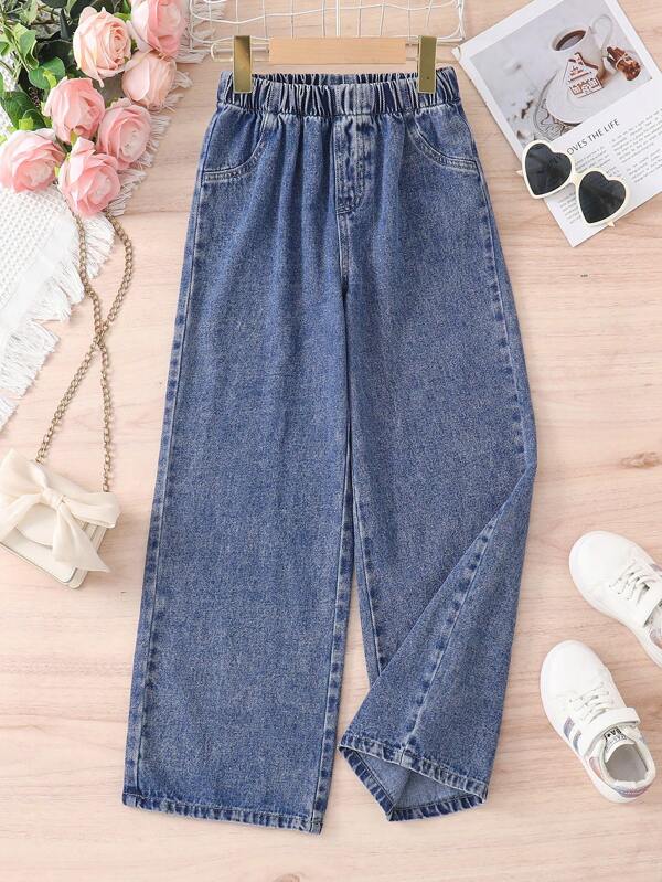 1pc Girls' Loose Jeans, Straight Leg Casual Denim Pants With Elastic Waist, Fake Pockets, Versatile For All Seasons