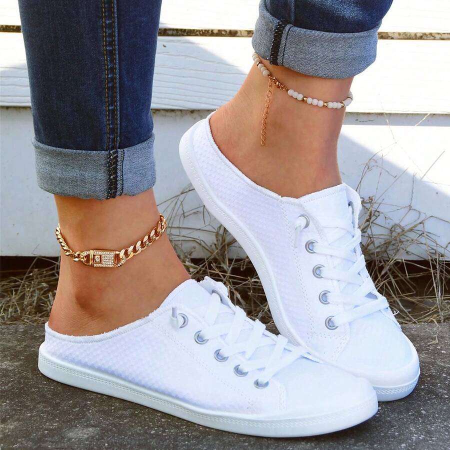 Women's Spring/Summer New Pure White Slippers Are Comfortable, Fashionable And Versatile, Round Toe, Soft Sole, Breathable, Low-Top, Lace-Up Plus Size Women's Shoes - trắng - Xem 1