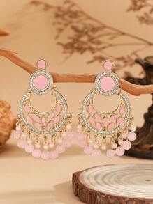 1 Pair Luxury Elegant Chand Bali Bohemian Style Crystal Rhinestone & Faux Pearl Tassel Drop Earrings, Fashionable Earrings Suitable For Women's Daily, Festival, Wedding And Party Wear/Jewelry Gift