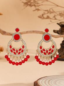 1 Pair Luxury Elegant Chand Bali Bohemian Style Crystal Rhinestone & Faux Pearl Tassel Drop Earrings, Fashionable Earrings Suitable For Women's Daily, Festival, Wedding And Party Wear/Jewelry Gift