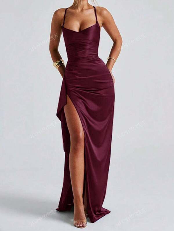 Vestido de satén con pliegues y abertura de WOWDARK, vestido formal, de fiesta, de gala, para eventos, invitada de boda para mujeres en otoño