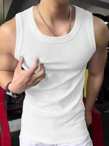 Mature Casual Men's Fashion Ribbed Textured Slim Fit Elastic Undershirt Tank Top