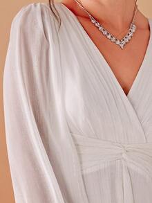 Elegant Romantic V Neck Long Sleeves Ruffle Twist Midi Dress Bridal Shower Dress For Party - White - View 5